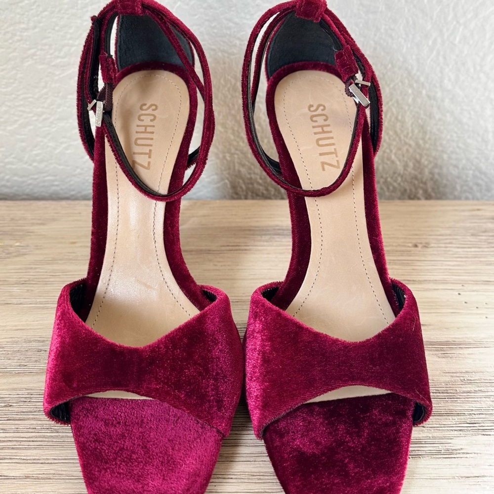 SCHUTZ Women's Strappy Crushed Velvet Stiletto - Deep Red. Size 8.5